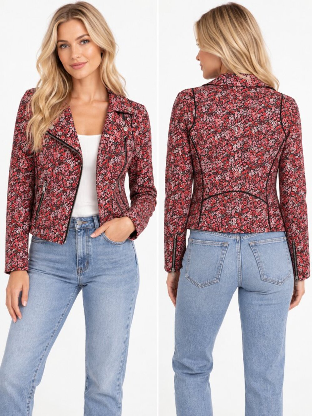 Joie Frona 100% Silk Quilted Floral Moto Biker Jacket Women's Red Black S